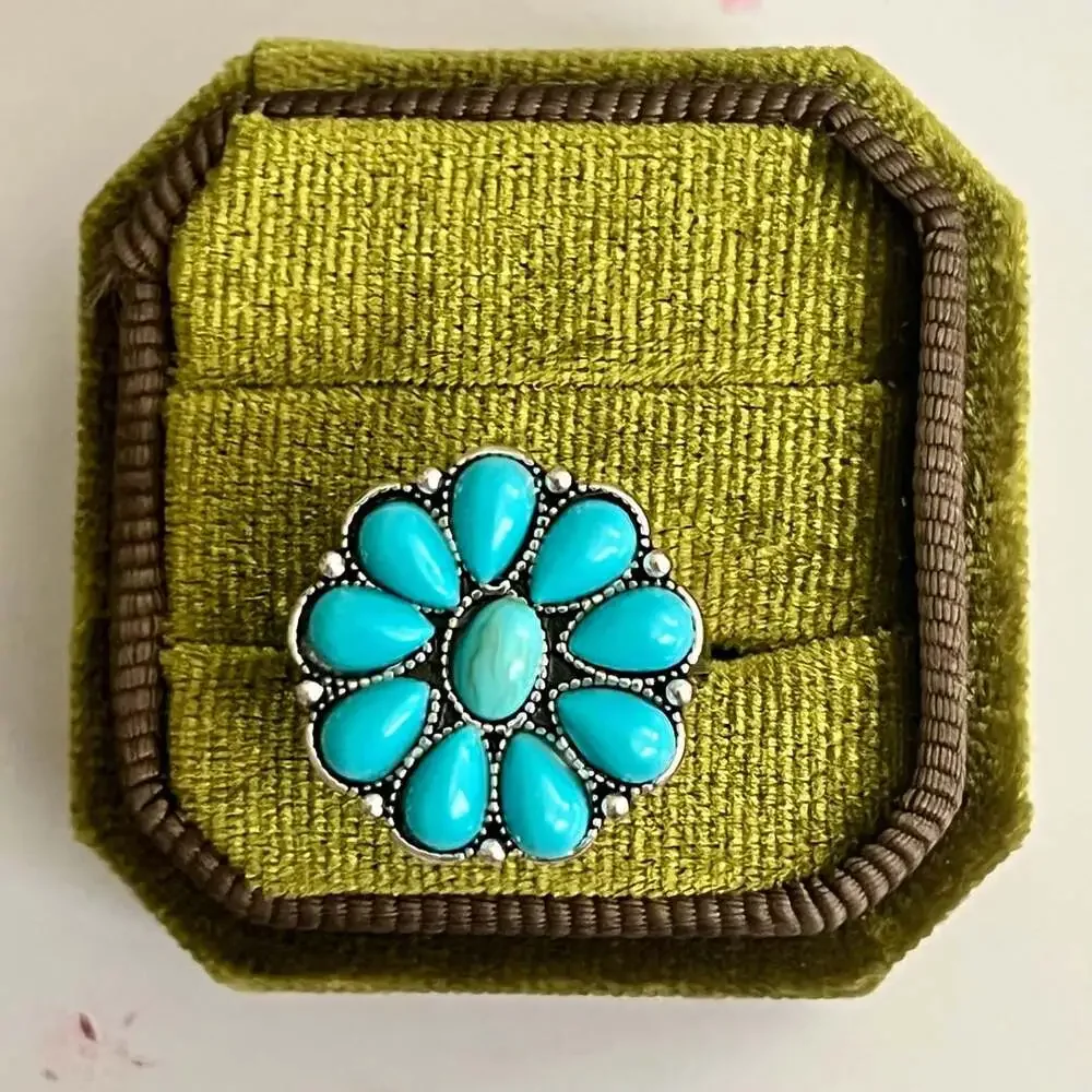 Turquoise Flower Cluster Titanium Steel Silver Statement Ring Size 6